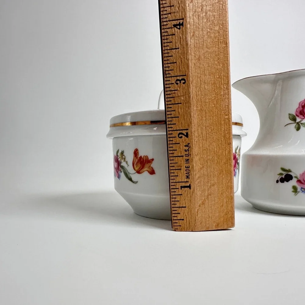 Vtg Henneberg Porzellan GDR Creamer & Sugar Bowl Floral Roses Gold Trim 1777